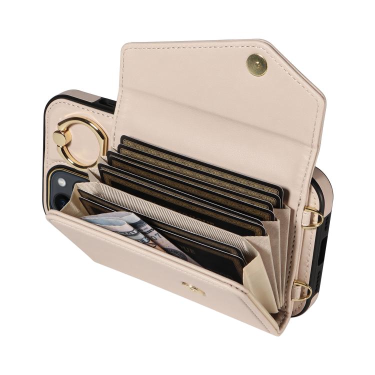 For iPhone 14 Diagonal Crossbody Ring Organ Wallet Leather Back Phone Case(Beige) - iPhone 14 Cases by buy2fix | Online Shopping UK | buy2fix