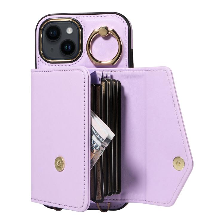 For iPhone 14 Diagonal Crossbody Ring Organ Wallet Leather Back Phone Case(Purple) - iPhone 14 Cases by buy2fix | Online Shopping UK | buy2fix