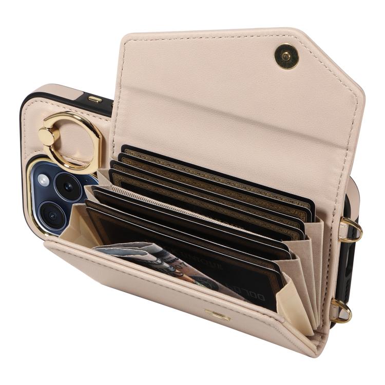 For iPhone 14 Pro Max Diagonal Crossbody Ring Organ Wallet Leather Back Phone Case(Beige) - iPhone 14 Pro Max Cases by buy2fix | Online Shopping UK | buy2fix