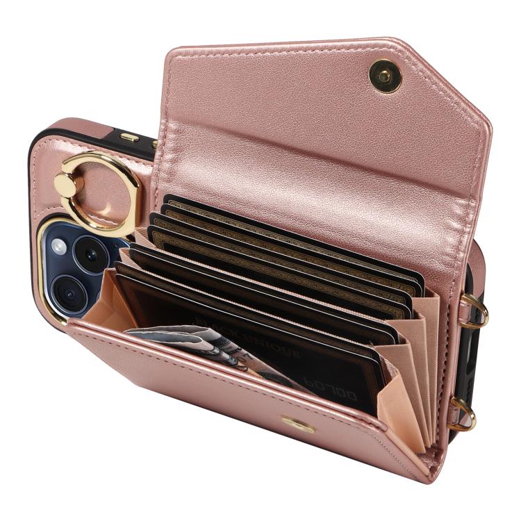 For iPhone 14 Pro Max Diagonal Crossbody Ring Organ Wallet Leather Back Phone Case(Rose Gold) - iPhone 14 Pro Max Cases by buy2fix | Online Shopping UK | buy2fix