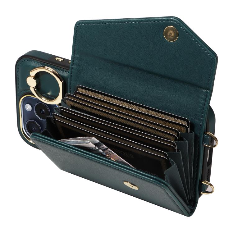 For iPhone 13 Pro Max Diagonal Crossbody Ring Organ Wallet Leather Back Phone Case(Dark Green) - iPhone 13 Pro Max Cases by buy2fix | Online Shopping UK | buy2fix