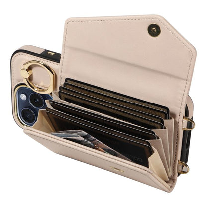 For iPhone 13 Pro Diagonal Crossbody Ring Organ Wallet Leather Back Phone Case(Beige) - iPhone 13 Pro Cases by buy2fix | Online Shopping UK | buy2fix