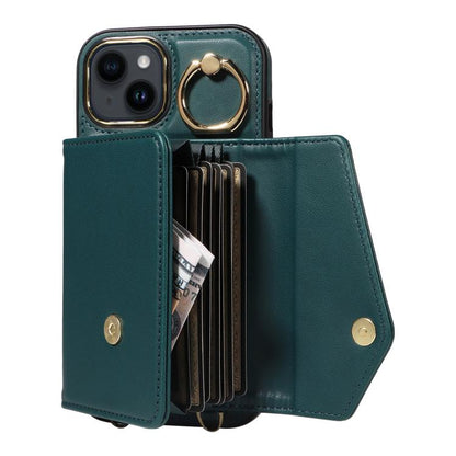 For iPhone 13 Diagonal Crossbody Ring Organ Wallet Leather Back Phone Case(Dark Green) - iPhone 13 Cases by buy2fix | Online Shopping UK | buy2fix