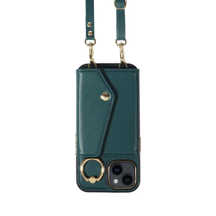 For iPhone 13 Diagonal Crossbody Ring Organ Wallet Leather Back Phone Case(Dark Green) - iPhone 13 Cases by buy2fix | Online Shopping UK | buy2fix