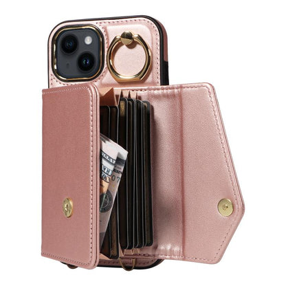 For iPhone 13 Diagonal Crossbody Ring Organ Wallet Leather Back Phone Case(Rose Gold) - iPhone 13 Cases by buy2fix | Online Shopping UK | buy2fix