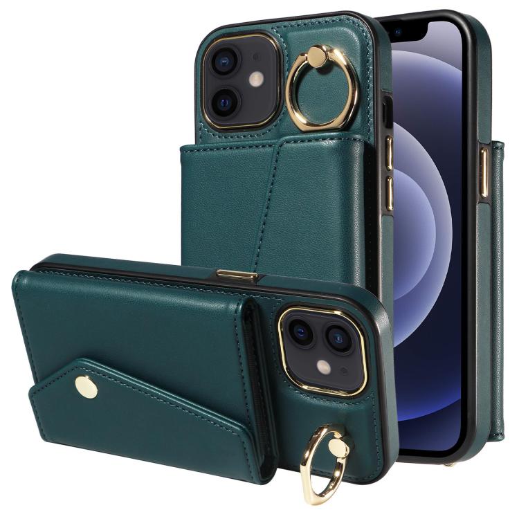 For iPhone 12 Diagonal Crossbody Ring Organ Wallet Leather Back Phone Case(Dark Green) - iPhone 12 / 12 Pro Cases by buy2fix | Online Shopping UK | buy2fix