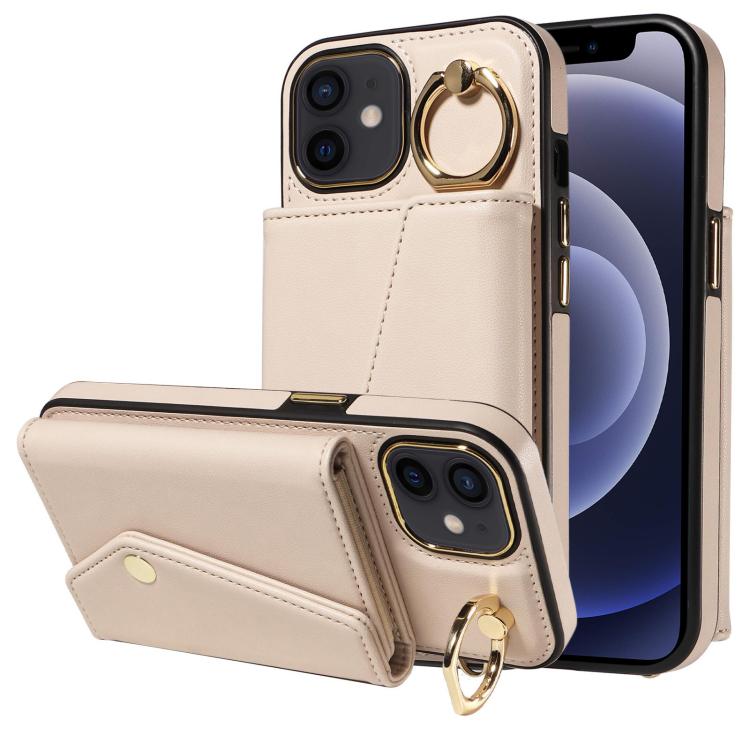 For iPhone 12 Diagonal Crossbody Ring Organ Wallet Leather Back Phone Case(Beige) - iPhone 12 / 12 Pro Cases by buy2fix | Online Shopping UK | buy2fix