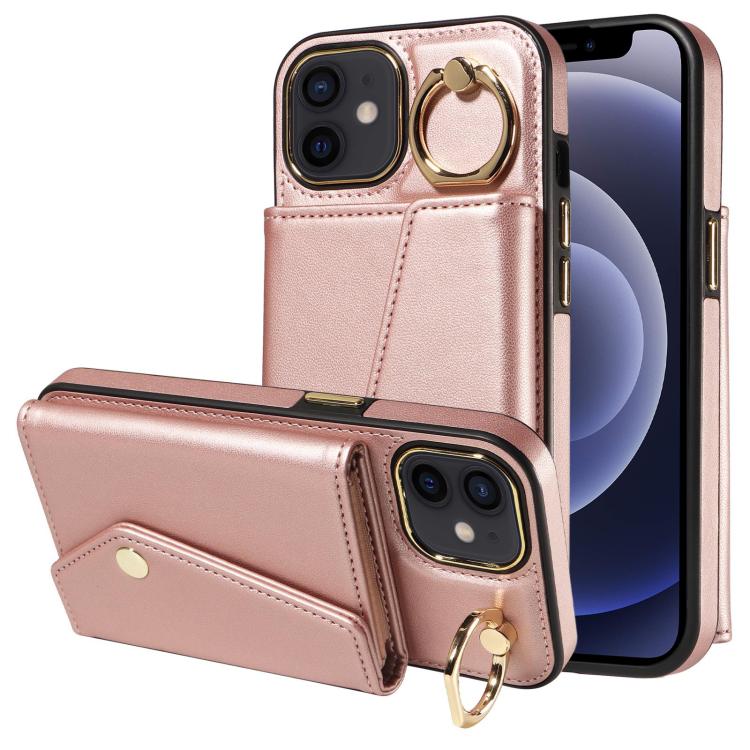 For iPhone 12 Diagonal Crossbody Ring Organ Wallet Leather Back Phone Case(Rose Gold) - iPhone 12 / 12 Pro Cases by buy2fix | Online Shopping UK | buy2fix