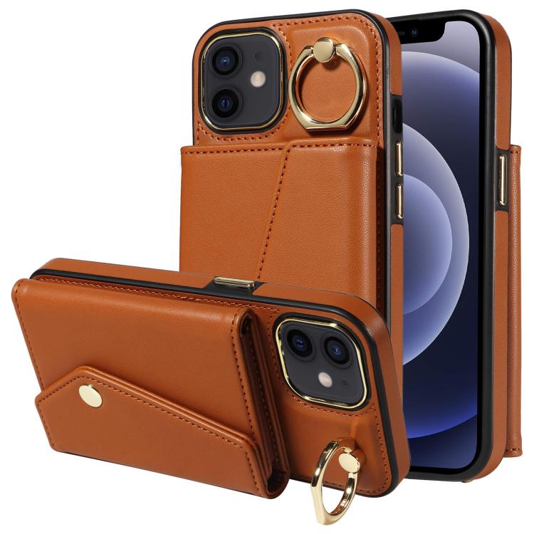 For iPhone 12 Diagonal Crossbody Ring Organ Wallet Leather Back Phone Case(Brown) - iPhone 12 / 12 Pro Cases by buy2fix | Online Shopping UK | buy2fix