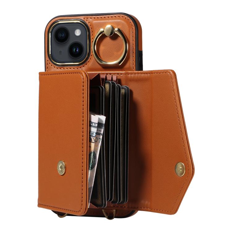 For iPhone 12 Diagonal Crossbody Ring Organ Wallet Leather Back Phone Case(Brown) - iPhone 12 / 12 Pro Cases by buy2fix | Online Shopping UK | buy2fix