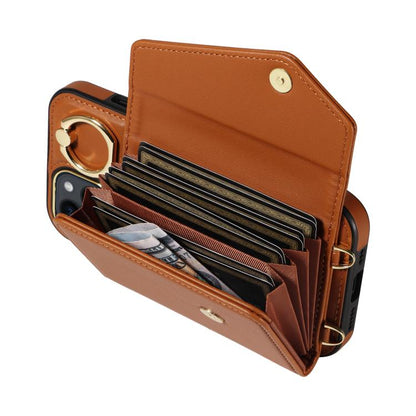 For iPhone 12 Diagonal Crossbody Ring Organ Wallet Leather Back Phone Case(Brown) - iPhone 12 / 12 Pro Cases by buy2fix | Online Shopping UK | buy2fix