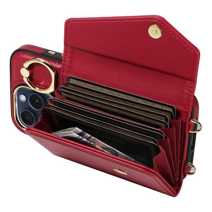 For iPhone 12 Pro Diagonal Crossbody Ring Organ Wallet Leather Back Phone Case(Wine Red) - iPhone 12 / 12 Pro Cases by buy2fix | Online Shopping UK | buy2fix