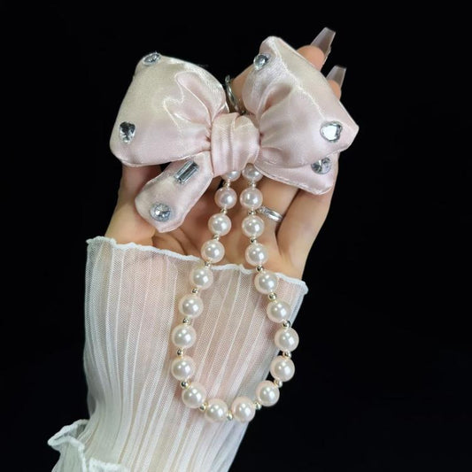 Sparkling Diamond Large Bow Pearl Phone Chain(Pink) - Lanyards & Wrist Straps by buy2fix | Online Shopping UK | buy2fix