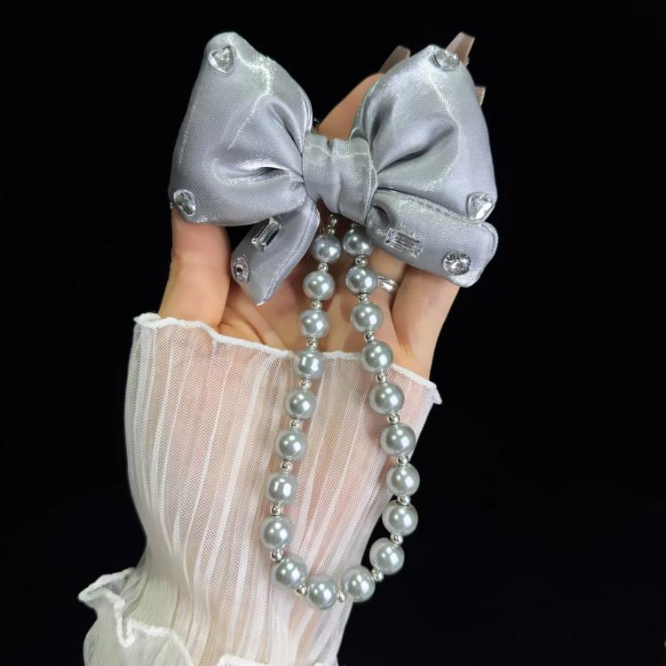 Sparkling Diamond Large Bow Pearl Phone Chain(Grey) - Lanyards & Wrist Straps by buy2fix | Online Shopping UK | buy2fix