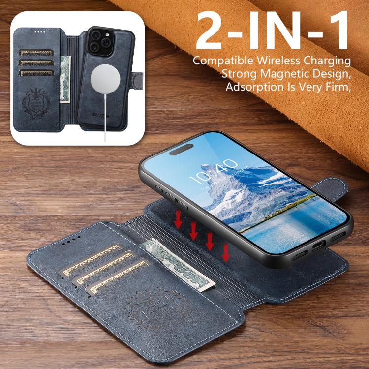 For iPhone 15 Plus Suteni Q05 2-in-1 Multi-function Detachable Wallet MagSafe Phone Case(Blue) - iPhone 15 Plus Cases by Suteni | Online Shopping UK | buy2fix