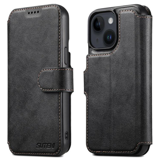 For iPhone 15 Suteni Q05 2-in-1 Multi-function Detachable Wallet MagSafe Phone Case(Black)