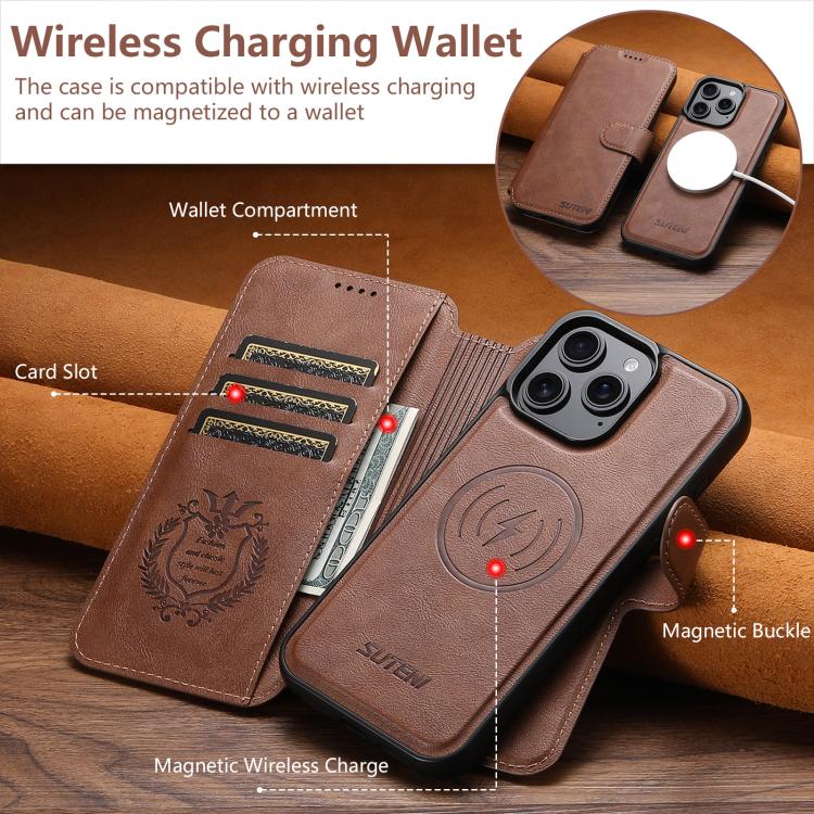 For iPhone 14 Plus Suteni Q05 2-in-1 Multi-function Detachable Wallet MagSafe Phone Case(Brown) - iPhone 14 Plus Cases by Suteni | Online Shopping UK | buy2fix