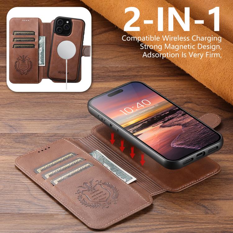 For iPhone 14 Pro Suteni Q05 2-in-1 Multi-function Detachable Wallet MagSafe Phone Case(Brown) - iPhone 14 Pro Cases by Suteni | Online Shopping UK | buy2fix