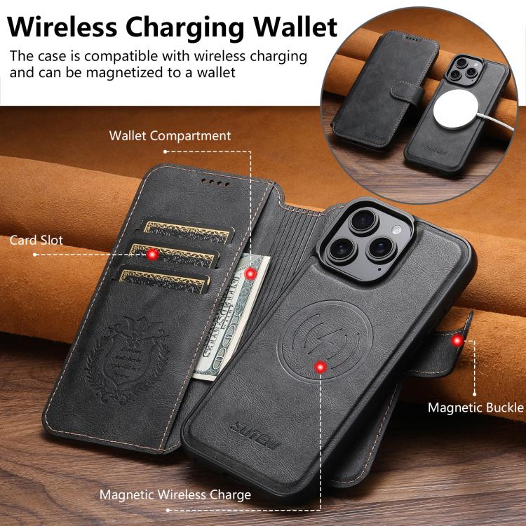 For iPhone 12 Pro Max Suteni Q05 2-in-1 Multi-function Detachable Wallet MagSafe Phone Case(Black) - iPhone 12 Pro Max Cases by Suteni | Online Shopping UK | buy2fix