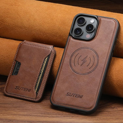 For iPhone 16 Pro Max Suteni M3 Card Bag MagSafe Cowhide Texture Leather Phone Case(Brown) - iPhone 16 Pro Max Cases by Suteni | Online Shopping UK | buy2fix