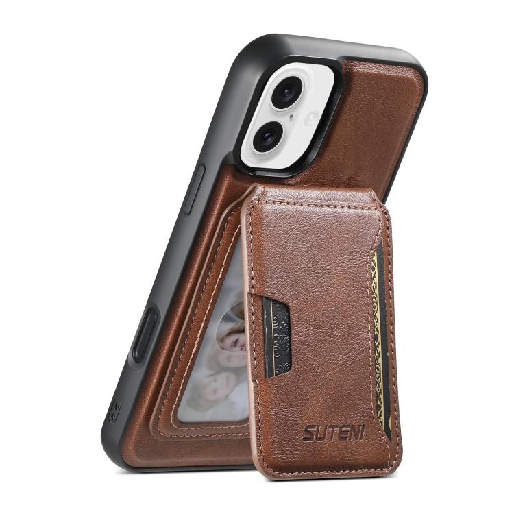 For iPhone 16 Suteni M3 Card Bag MagSafe Cowhide Texture Leather Phone Case(Brown) - iPhone 16 Cases by Suteni | Online Shopping UK | buy2fix
