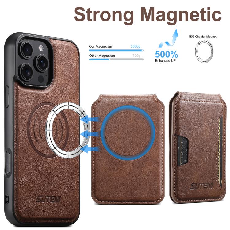 For iPhone 16 Suteni M3 Card Bag MagSafe Cowhide Texture Leather Phone Case(Brown) - iPhone 16 Cases by Suteni | Online Shopping UK | buy2fix