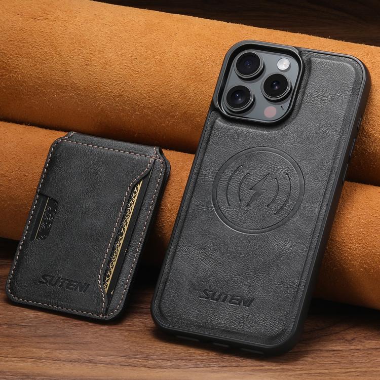 For iPhone 15 Pro Suteni M3 Card Bag MagSafe Cowhide Texture Leather Phone Case(Black) - iPhone 15 Pro Cases by Suteni | Online Shopping UK | buy2fix