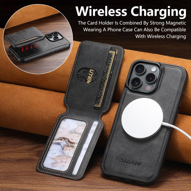 For iPhone 15 Pro Suteni M3 Card Bag MagSafe Cowhide Texture Leather Phone Case(Black) - iPhone 15 Pro Cases by Suteni | Online Shopping UK | buy2fix