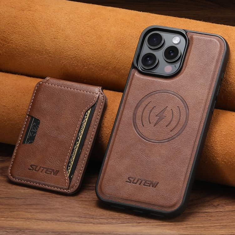 For iPhone 15 Plus Suteni M3 Card Bag MagSafe Cowhide Texture Leather Phone Case(Brown) - iPhone 15 Plus Cases by Suteni | Online Shopping UK | buy2fix