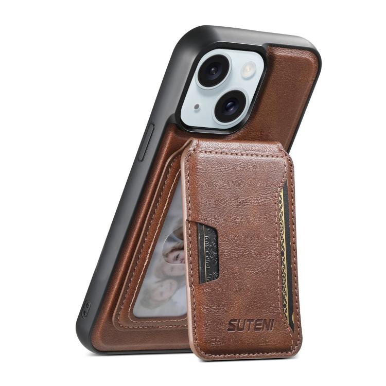 For iPhone 15 Plus Suteni M3 Card Bag MagSafe Cowhide Texture Leather Phone Case(Brown) - iPhone 15 Plus Cases by Suteni | Online Shopping UK | buy2fix