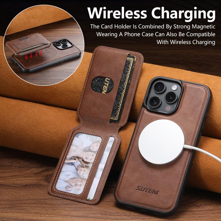 For iPhone 15 Plus Suteni M3 Card Bag MagSafe Cowhide Texture Leather Phone Case(Brown) - iPhone 15 Plus Cases by Suteni | Online Shopping UK | buy2fix