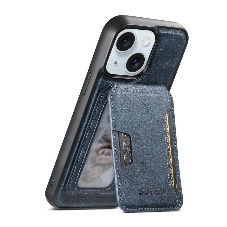 For iPhone 15 Plus Suteni M3 Card Bag MagSafe Cowhide Texture Leather Phone Case(Blue) - iPhone 15 Plus Cases by Suteni | Online Shopping UK | buy2fix