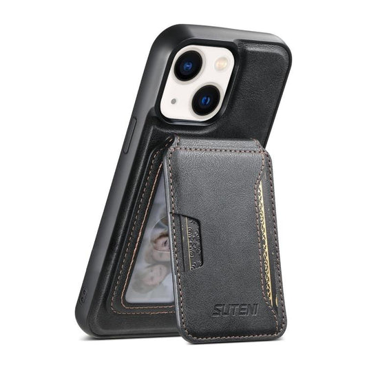 For iPhone 14 Suteni M3 Card Bag MagSafe Cowhide Texture Leather Phone Case(Black) - iPhone 14 Cases by Suteni | Online Shopping UK | buy2fix