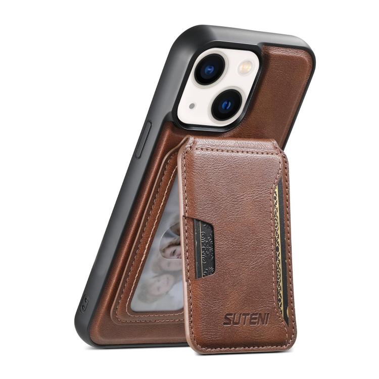 For iPhone 14 Suteni M3 Card Bag MagSafe Cowhide Texture Leather Phone Case(Brown) - iPhone 14 Cases by Suteni | Online Shopping UK | buy2fix