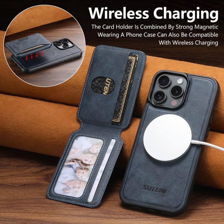 For iPhone 14 Pro Suteni M3 Card Bag MagSafe Cowhide Texture Leather Phone Case(Blue) - iPhone 14 Pro Cases by Suteni | Online Shopping UK | buy2fix