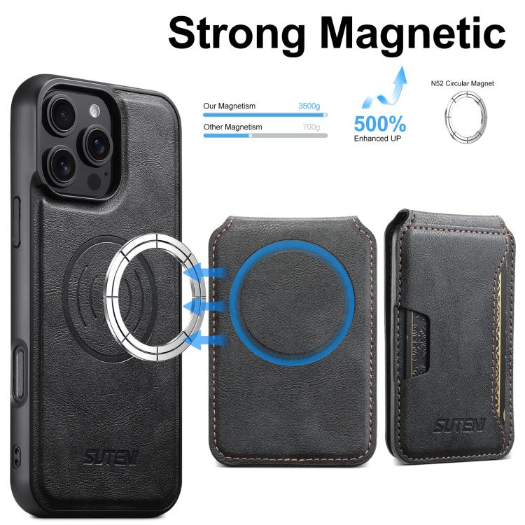 For iPhone 14 Pro Max Suteni M3 Card Bag MagSafe Cowhide Texture Leather Phone Case(Black) - iPhone 14 Pro Max Cases by Suteni | Online Shopping UK | buy2fix