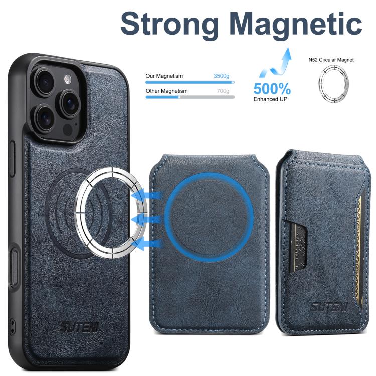 For iPhone 14 Pro Max Suteni M3 Card Bag MagSafe Cowhide Texture Leather Phone Case(Blue) - iPhone 14 Pro Max Cases by Suteni | Online Shopping UK | buy2fix