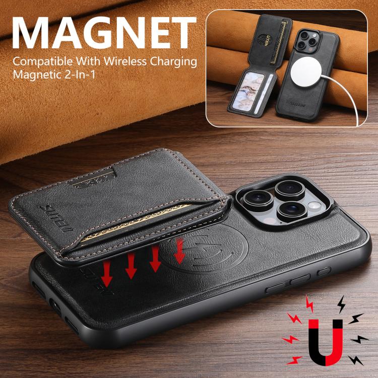For iPhone 12 Pro Max Suteni M3 Card Bag MagSafe Cowhide Texture Leather Phone Case(Black) - iPhone 12 Pro Max Cases by Suteni | Online Shopping UK | buy2fix