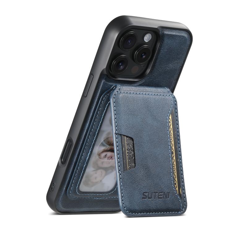 For iPhone 12 Pro Max Suteni M3 Card Bag MagSafe Cowhide Texture Leather Phone Case(Blue) - iPhone 12 Pro Max Cases by Suteni | Online Shopping UK | buy2fix