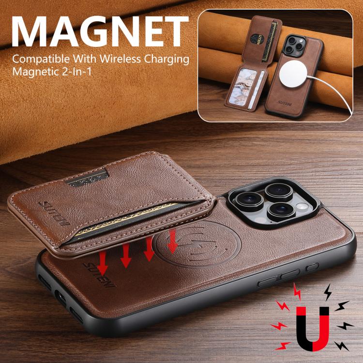 For iPhone 12 Pro Suteni M3 Card Bag MagSafe Cowhide Texture Leather Phone Case(Brown) - iPhone 16 Pro Max Cases by Suteni | Online Shopping UK | buy2fix