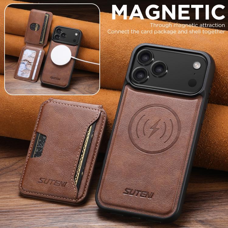 For iPhone 17 Pro Max Suteni M3 Card Bag MagSafe Cowhide Texture Leather Phone Case(Brown) - iPhone 17 Pro Max Cases by Suteni | Online Shopping UK | buy2fix
