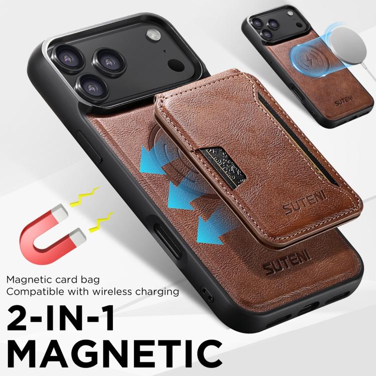 For iPhone 17 Pro Max Suteni M3 Card Bag MagSafe Cowhide Texture Leather Phone Case(Brown) - iPhone 17 Pro Max Cases by Suteni | Online Shopping UK | buy2fix