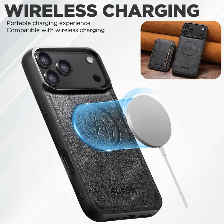 For iPhone 17 Pro Suteni M3 Card Bag MagSafe Cowhide Texture Leather Phone Case(Black) - iPhone 17 Pro Cases by Suteni | Online Shopping UK | buy2fix