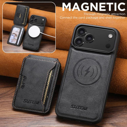 For iPhone 17 Pro Suteni M3 Card Bag MagSafe Cowhide Texture Leather Phone Case(Black) - iPhone 17 Pro Cases by Suteni | Online Shopping UK | buy2fix