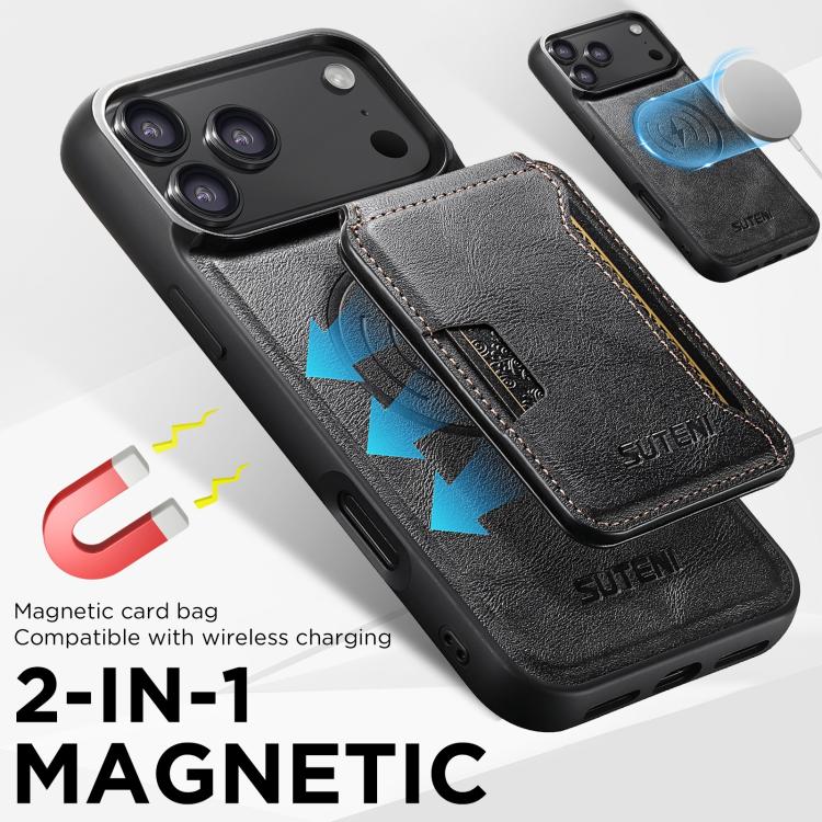 For iPhone 17 Pro Suteni M3 Card Bag MagSafe Cowhide Texture Leather Phone Case(Black) - iPhone 17 Pro Cases by Suteni | Online Shopping UK | buy2fix