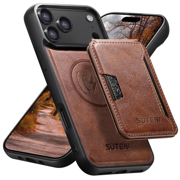 For iPhone 17 Pro Suteni M3 Card Bag MagSafe Cowhide Texture Leather Phone Case(Brown) - iPhone 17 Pro Cases by Suteni | Online Shopping UK | buy2fix