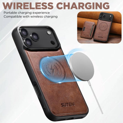 For iPhone 17 Pro Suteni M3 Card Bag MagSafe Cowhide Texture Leather Phone Case(Brown) - iPhone 17 Pro Cases by Suteni | Online Shopping UK | buy2fix