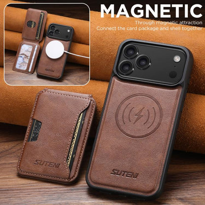 For iPhone 17 Pro Suteni M3 Card Bag MagSafe Cowhide Texture Leather Phone Case(Brown) - iPhone 17 Pro Cases by Suteni | Online Shopping UK | buy2fix