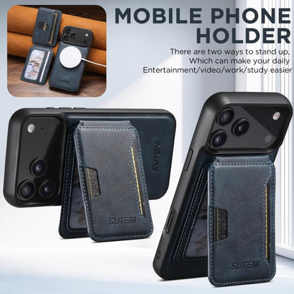For iPhone 17 Pro Suteni M3 Card Bag MagSafe Cowhide Texture Leather Phone Case(Blue) - iPhone 17 Pro Cases by Suteni | Online Shopping UK | buy2fix