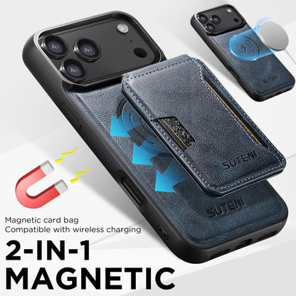 For iPhone 17 Pro Suteni M3 Card Bag MagSafe Cowhide Texture Leather Phone Case(Blue) - iPhone 17 Pro Cases by Suteni | Online Shopping UK | buy2fix